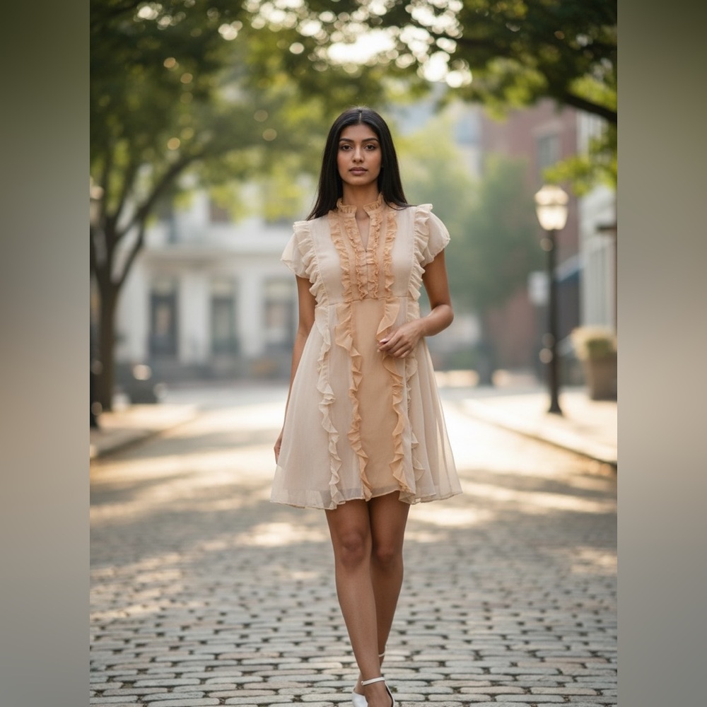 Elegant Ruffle-Trim Midi Dress in Blush
